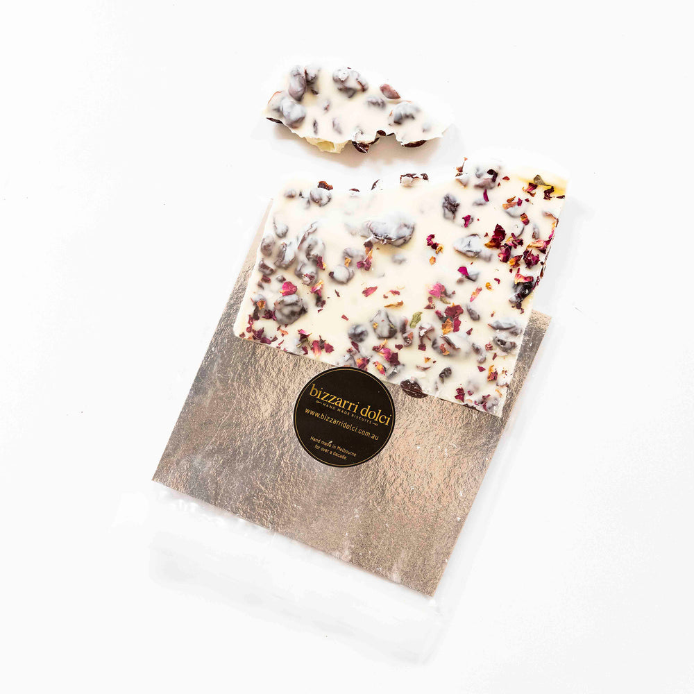 
                  
                    Load image into Gallery viewer, Cranberry &amp;amp; Rose White Chocolate Bark - 120g
                  
                